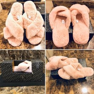 INC-Pink Faux-Fur Cross Band Slippers-Sz L (9-10)